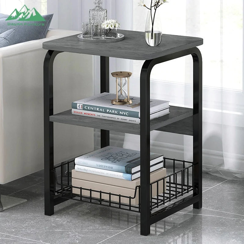 Wayon Ergonomic Side Sofa Table with Integrated Wire Basket Functional Coffee Table for Small Space