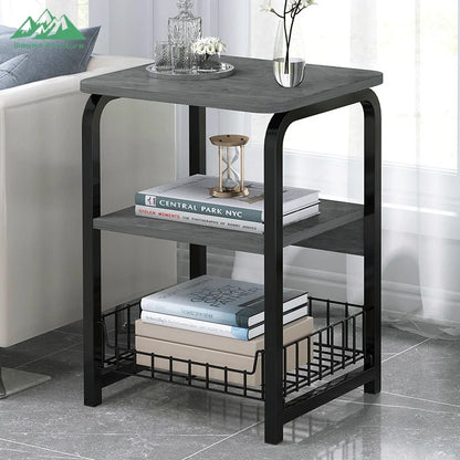 Wayon Ergonomic Side Sofa Table with Integrated Wire Basket Functional Coffee Table for Small Space