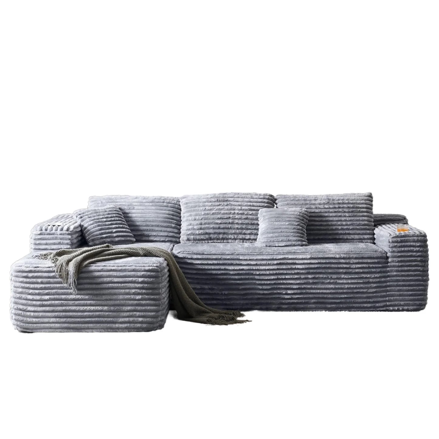 Grey Corduroy L-Shape Corner Three Seat Modular Compressed Sponge Sofa with Vacuum Packaging for Hotel Use in a Box