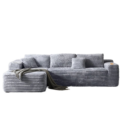 Grey Corduroy L-Shape Corner Three Seat Modular Compressed Sponge Sofa with Vacuum Packaging for Hotel Use in a Box