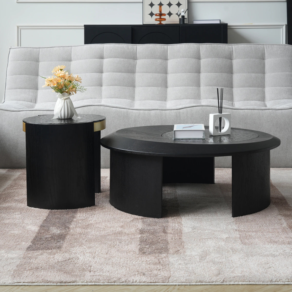ATUNUS USA in Stock Drop Shipping Contemporary Art Modern Wood Hammer Glass Round Black Top Side Oval Center Tea Coffee Table