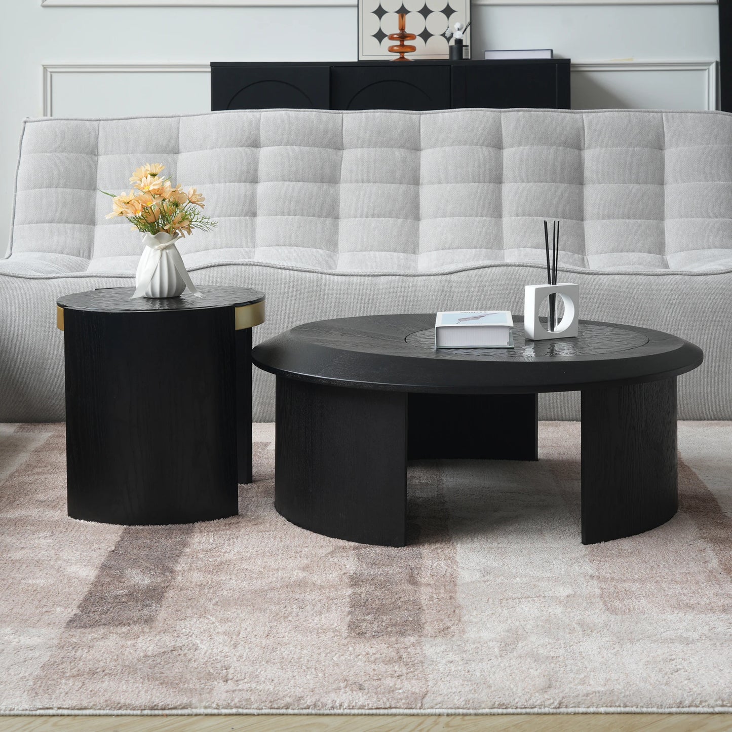 ATUNUS USA in Stock Drop Shipping Contemporary Art Modern Wood Hammer Glass Round Black Top Side Oval Center Tea Coffee Table
