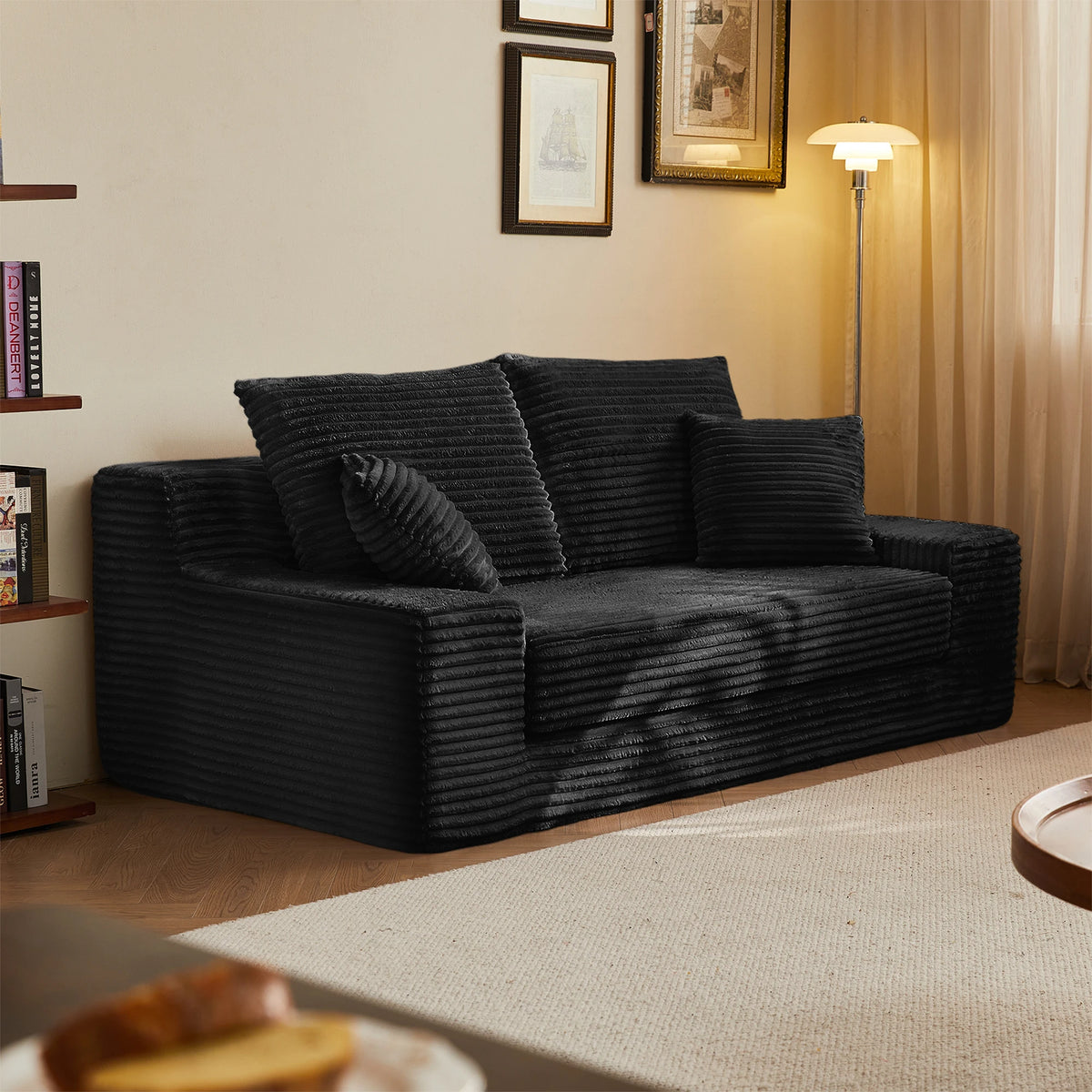 Breathable Black Flannel Fabric Square Modular Loveseat Sofa Bed Pull Sleeper Modern Upholstered Apartment Villa Bedroom Lounge
