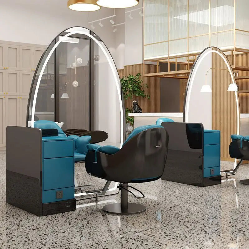 Barber Shop & Hair Salon Double-Sided Metal Salon Mirror Cabinet with Trendy Style Floor Light for Haircut and Perm/Dye Services