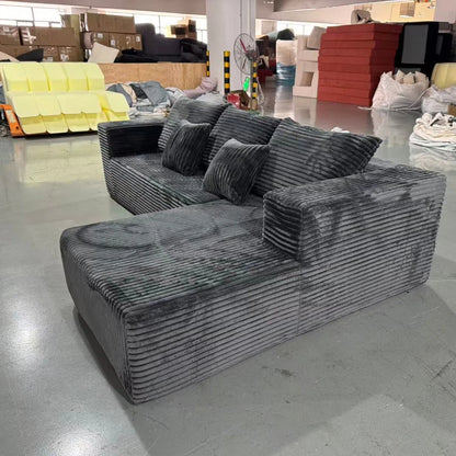 Grey Corduroy L-Shape Corner Three Seat Modular Compressed Sponge Sofa with Vacuum Packaging for Hotel Use in a Box