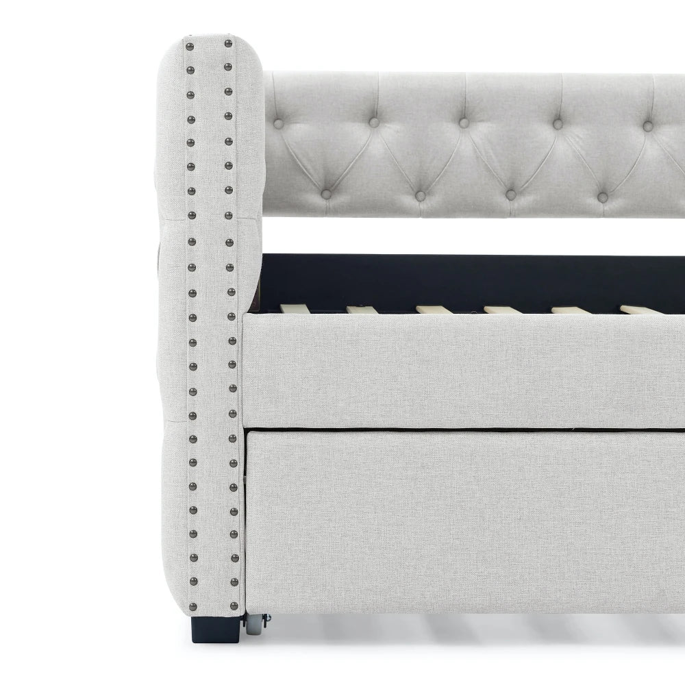 Daybed with Trundle Upholstered Tufted Sofa Bed With Button and Copper Nail on Square Arms Full Daybed and Twin Trundle