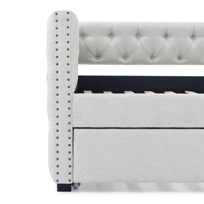 Daybed with Trundle Upholstered Tufted Sofa Bed With Button and Copper Nail on Square Arms Full Daybed and Twin Trundle