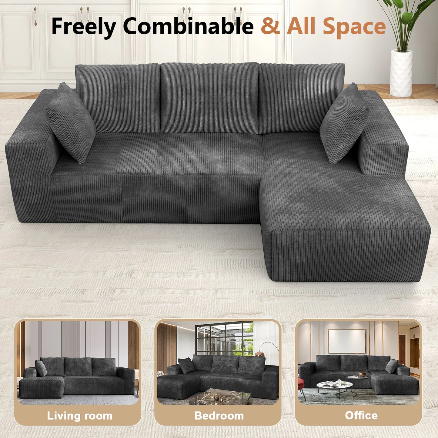 Modern Velvet Sectional Sofa with Memory Foam Cushions Vacuum Packed Living Room Set