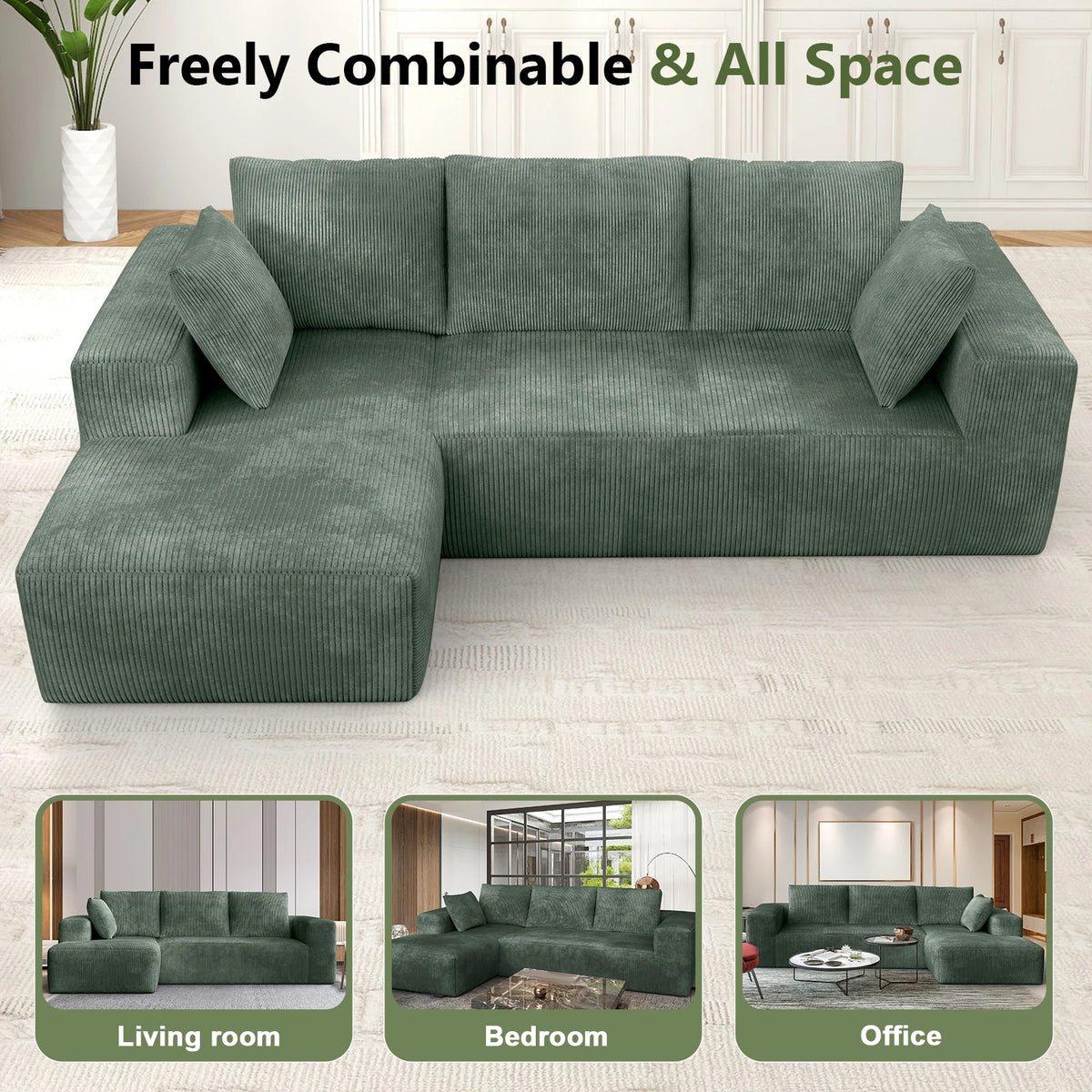 Modern Velvet Sectional Sofa with Memory Foam Cushions Vacuum Packed Living Room Set