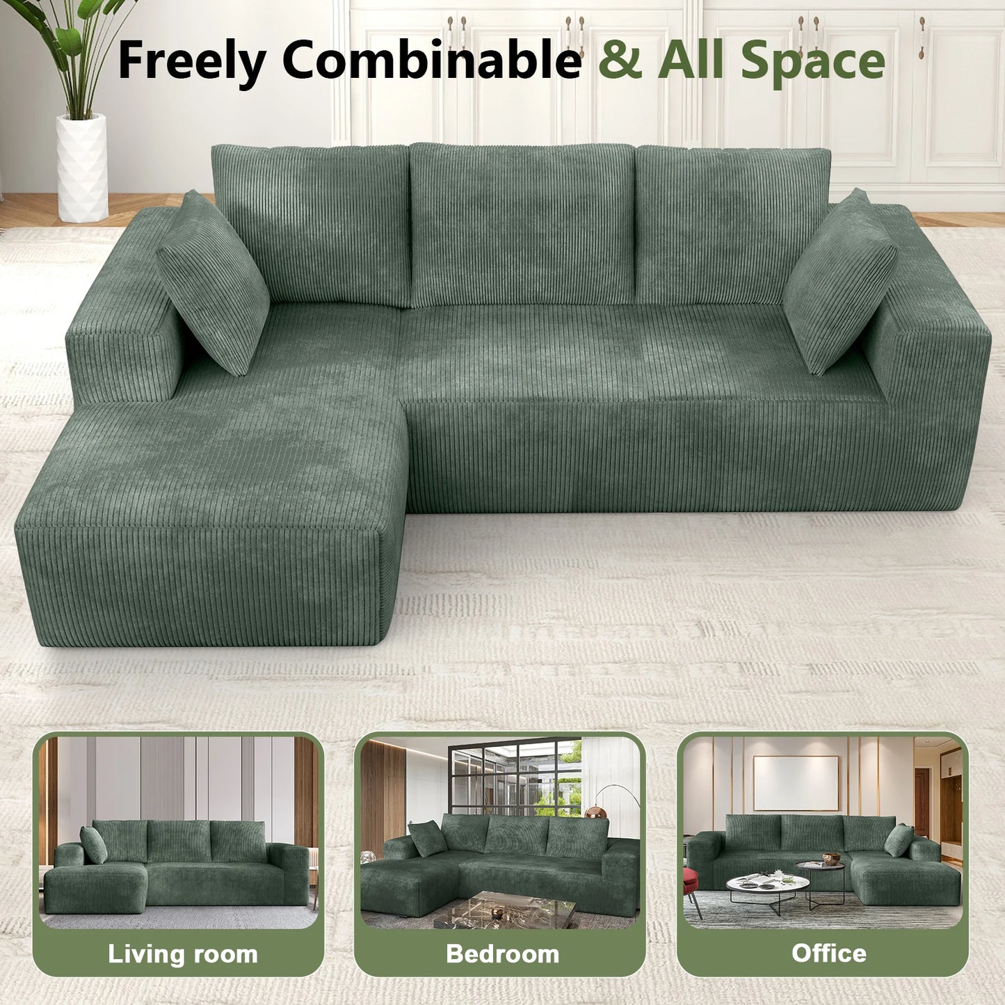 Modern Velvet Sectional Sofa with Memory Foam Cushions Vacuum Packed Living Room Set
