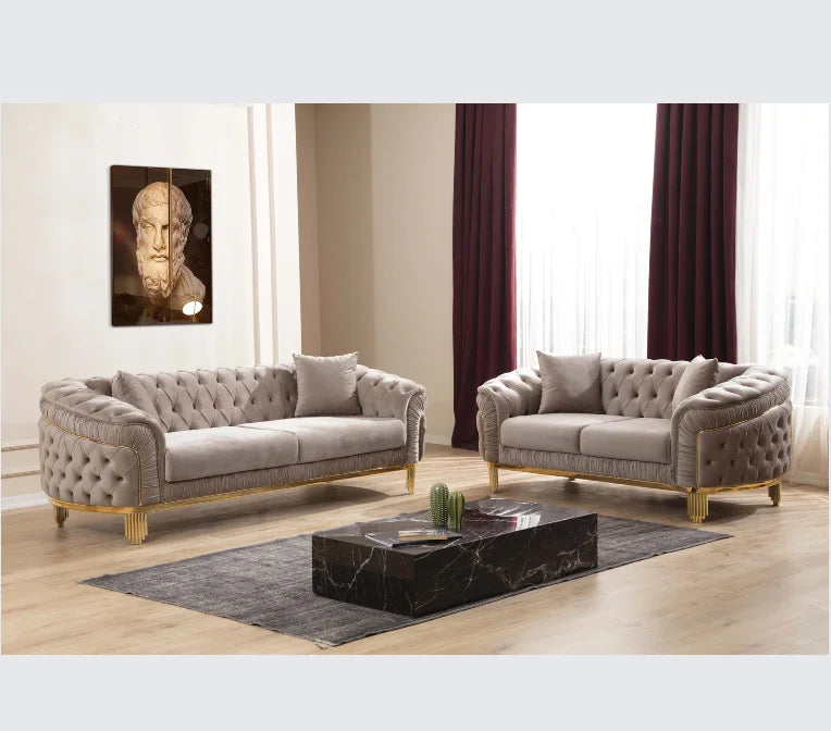 Modern Style Modular 2 Piece Apartment Living Room Set (includes Sofa + Loveseat) Made Velvet Button Tufted Surface Taupe Color