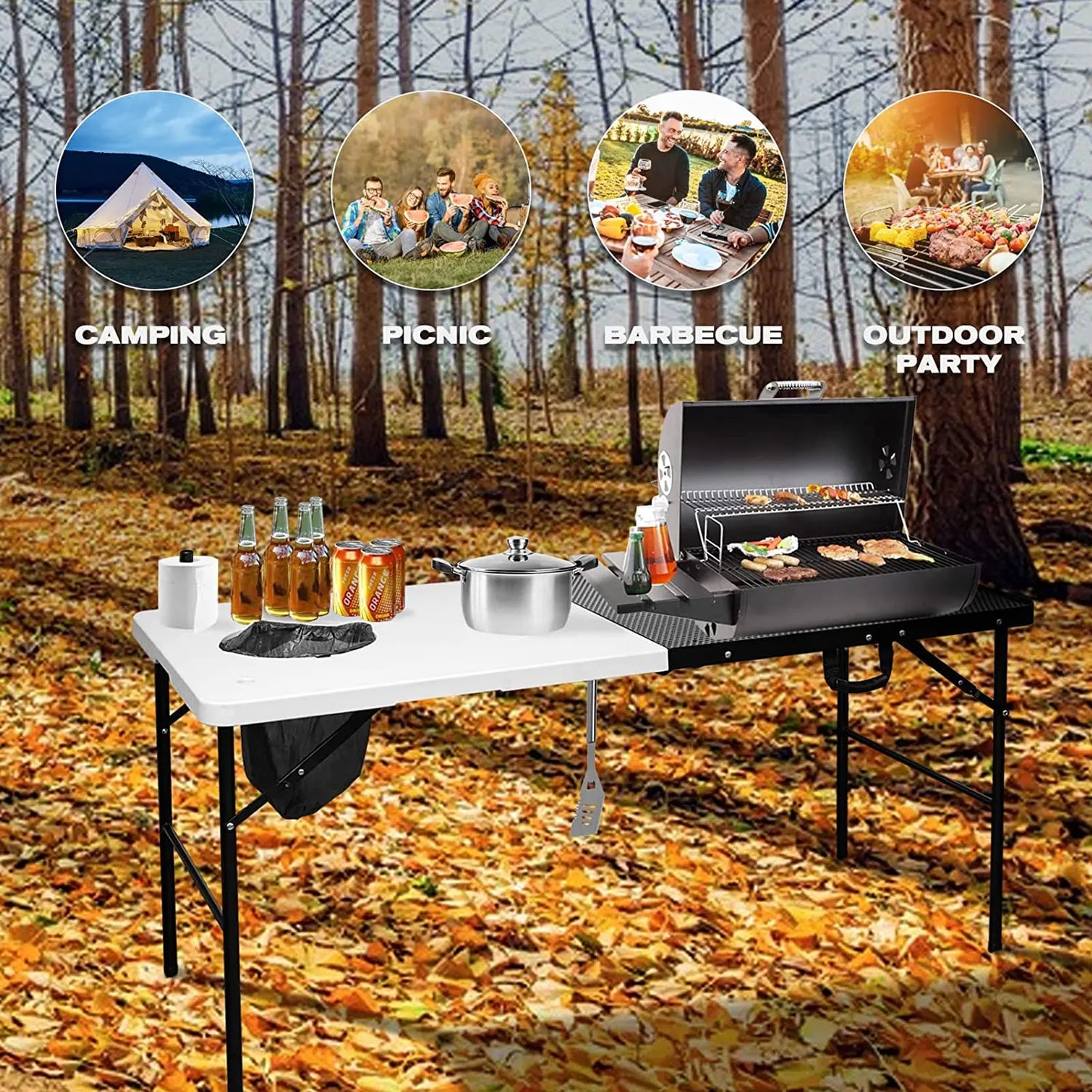 WOQI Folding Portable Grill Table for Camping Easy to Assemble with Adjustable Height Legs Multifunctional