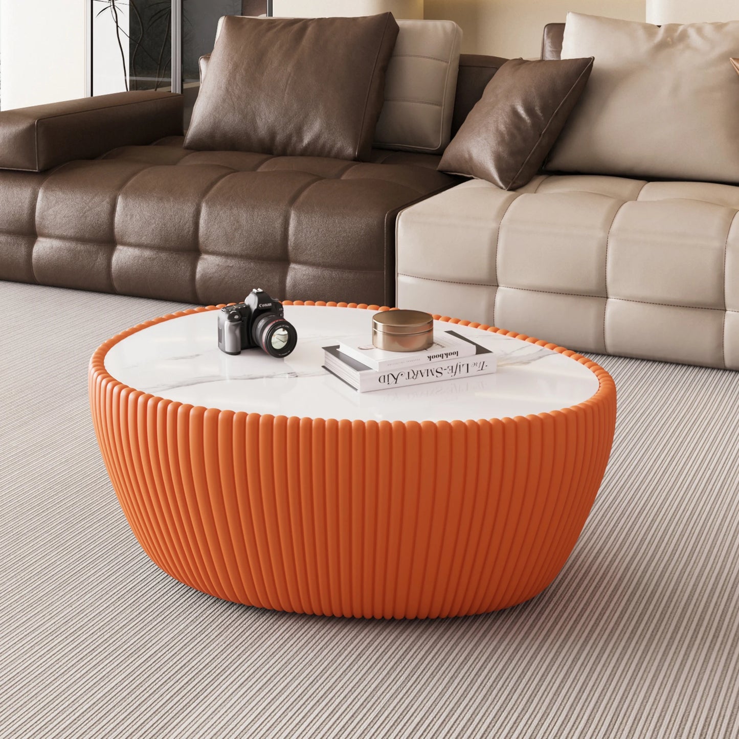 Modern Wood & Marble Top Goose Egg Shape Orange Coffee Table for Living Room Home Furniture