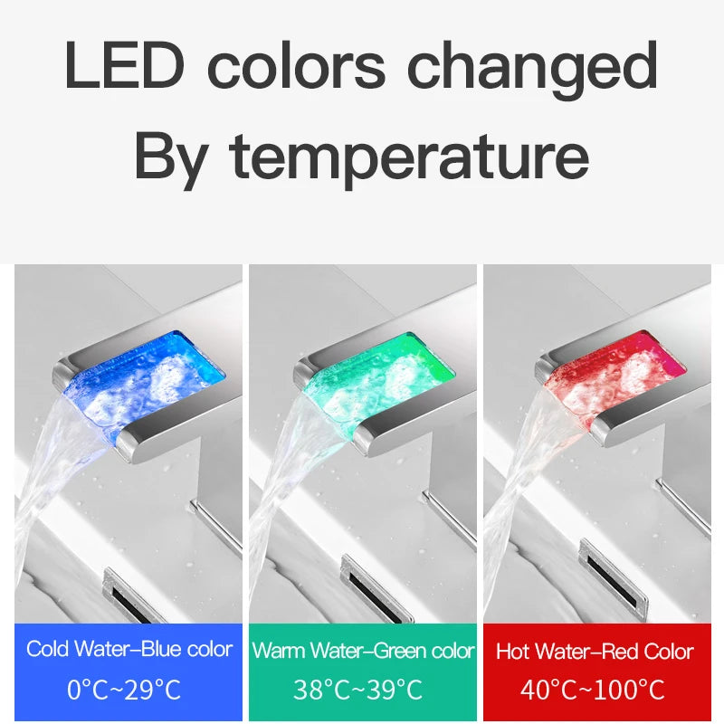 LED mixer tap for washbasin, outdoor decorator with luminous waterfall effect, colors changing according to temperature