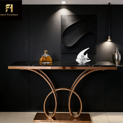 Contemporary Luxury Stainless Steel Console Table Titanium Gold Rose Gold Customized Modern Design for Hotel Entrance Furniture
