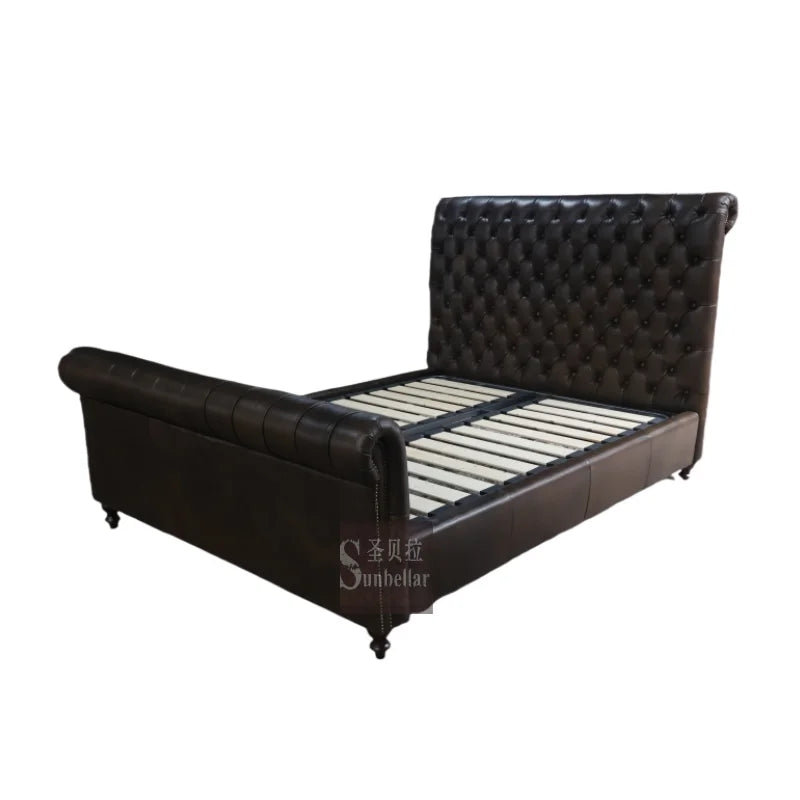 OEM ODM Antique Dark Brown Tufted Buttons Wing Back Headboard High Quality Luxury Bedroom Furniture Genuine Leather Queen Bed