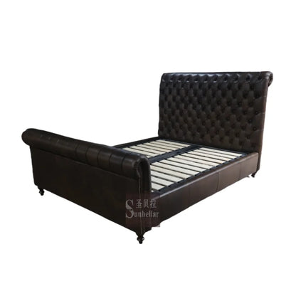 OEM ODM Antique Dark Brown Tufted Buttons Wing Back Headboard High Quality Luxury Bedroom Furniture Genuine Leather Queen Bed