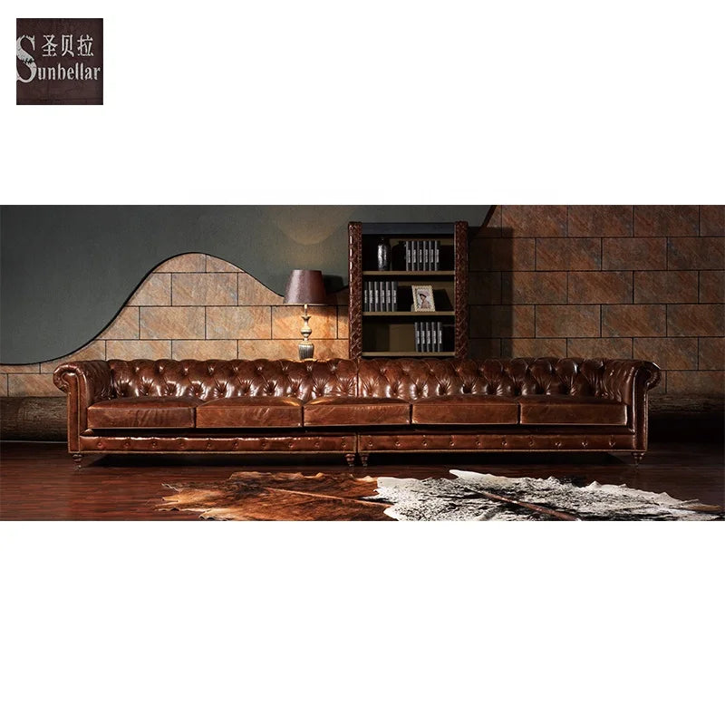 Custom Made Luxury Hotel Lobby Sofa 100% Real Leather Vintage Tan Leather Sectional Chesterfield Sofa Antique Hotel Furniture