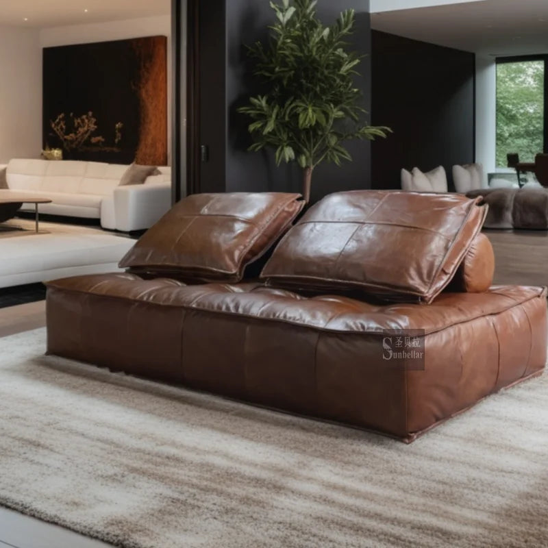 Sunbellar  Factory Customized Top Gain Genuine Leather Modular Sofa 2 Seat Retro Vintage Leather Armless Sofa Pouf Living Room