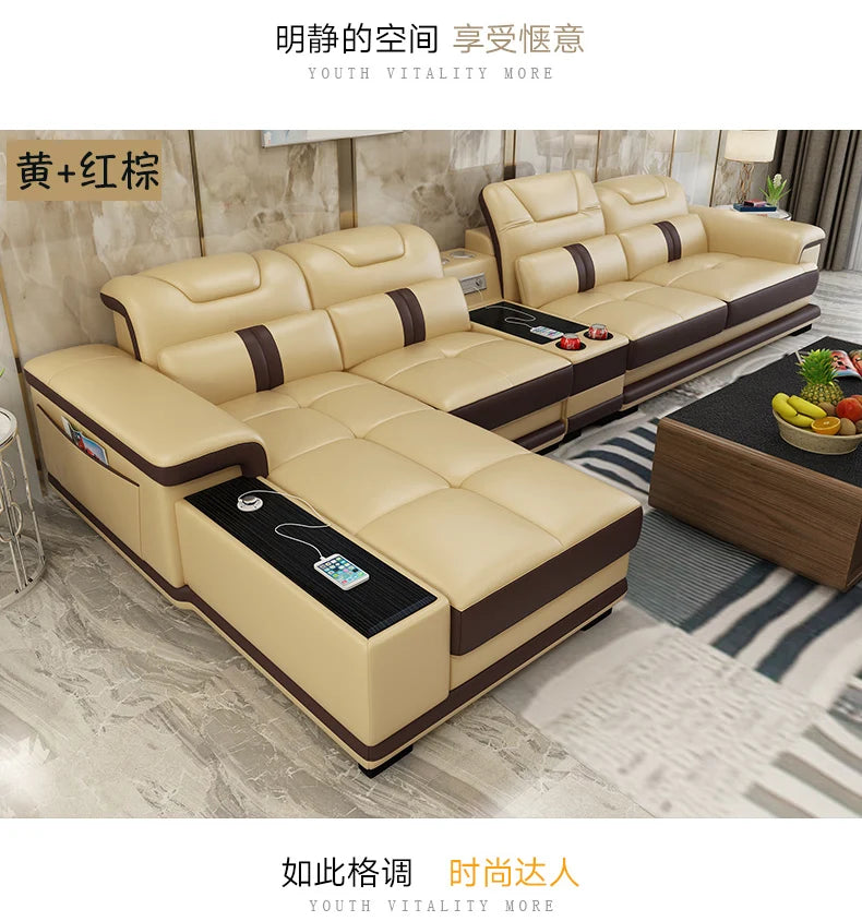 Linlamlim Modern Living Room Sofas L Shape Corner Italian Genuine Leather Couch with Speake,Radio,USB, Bluetooth, Cup Holder