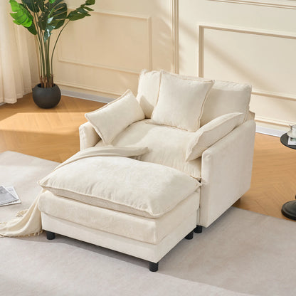 Chenille Two Seat Accent Sofa Ottoman Cozy Upholstered Modern Sofa Set Beige Lounge Decorative Pillows Wood Legs Living Room