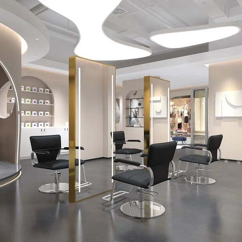 Barber Shop & Hair Salon Double-Sided Metal Salon Mirror Cabinet with Trendy Style Floor Light for Haircut and Perm/Dye Services