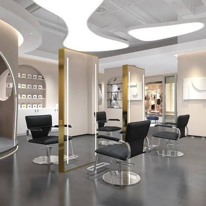 Barber Shop & Hair Salon Double-Sided Metal Salon Mirror Cabinet with Trendy Style Floor Light for Haircut and Perm/Dye Services