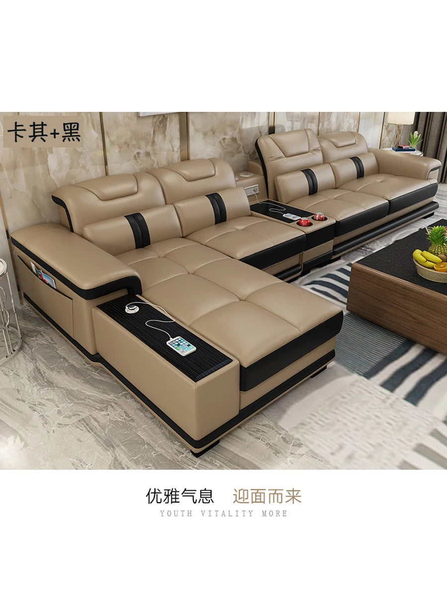 Linlamlim Modern Living Room Sofas L Shape Corner Italian Genuine Leather Couch with Speake,Radio,USB, Bluetooth, Cup Holder
