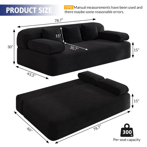 78.7" Frameless Modern Sofa Set 2-in-1 Convertible Sofa Bed with 3 Pillows Plush Corduroy Fabric Multi-Functional 3-Seater Villa