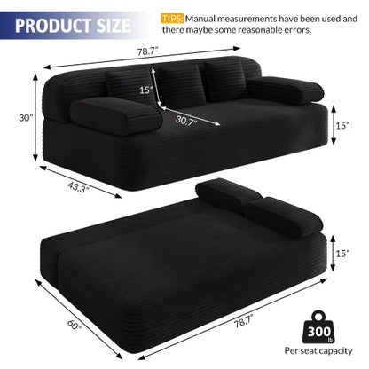 78.7" Frameless Modern Sofa Set 2-in-1 Convertible Sofa Bed with 3 Pillows Plush Corduroy Fabric Multi-Functional 3-Seater Villa