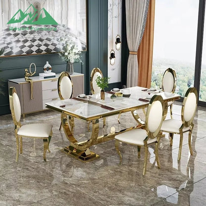 Wayon Hot-Sale Modern 6-Seater Dining Table Set: Stainless Steel Rectangle Frame with Waterproof Marble Top