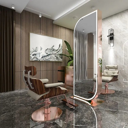 Barber Shop & Hair Salon Double-Sided Metal Salon Mirror Cabinet with Trendy Style Floor Light for Haircut and Perm/Dye Services