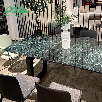 Wayon Luxury Green Sintered Stone Dining Table Set Glossy Faux Marble Top Black Pedestal Base Kitchen Furniture
