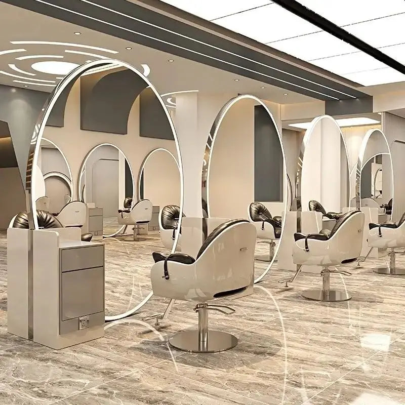 Barber Shop & Hair Salon Double-Sided Metal Salon Mirror Cabinet with Trendy Style Floor Light for Haircut and Perm/Dye Services