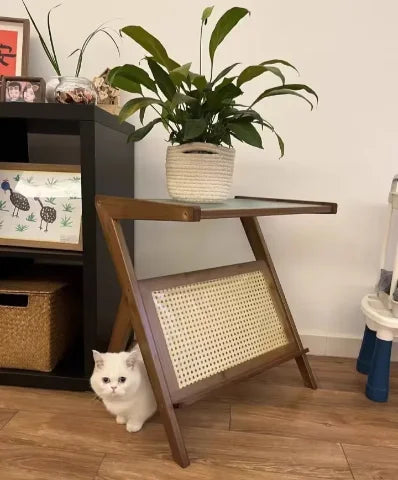 Bamboo End Table with Glass Top & Woven Shelf - Modern Side Table for Living Room, Bedroom, Includes Magazine Storage