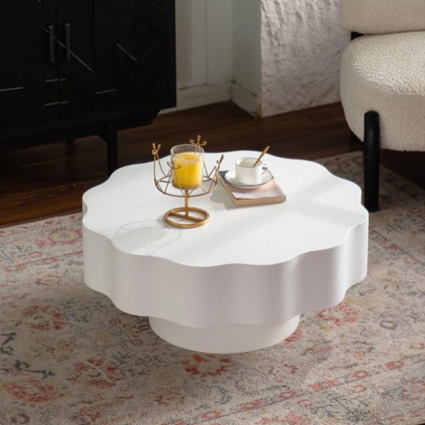 Scalloped White Coffee Table: Unique Wave-Edge Shape, Elegant Focal Piece for Stylish Spaces.