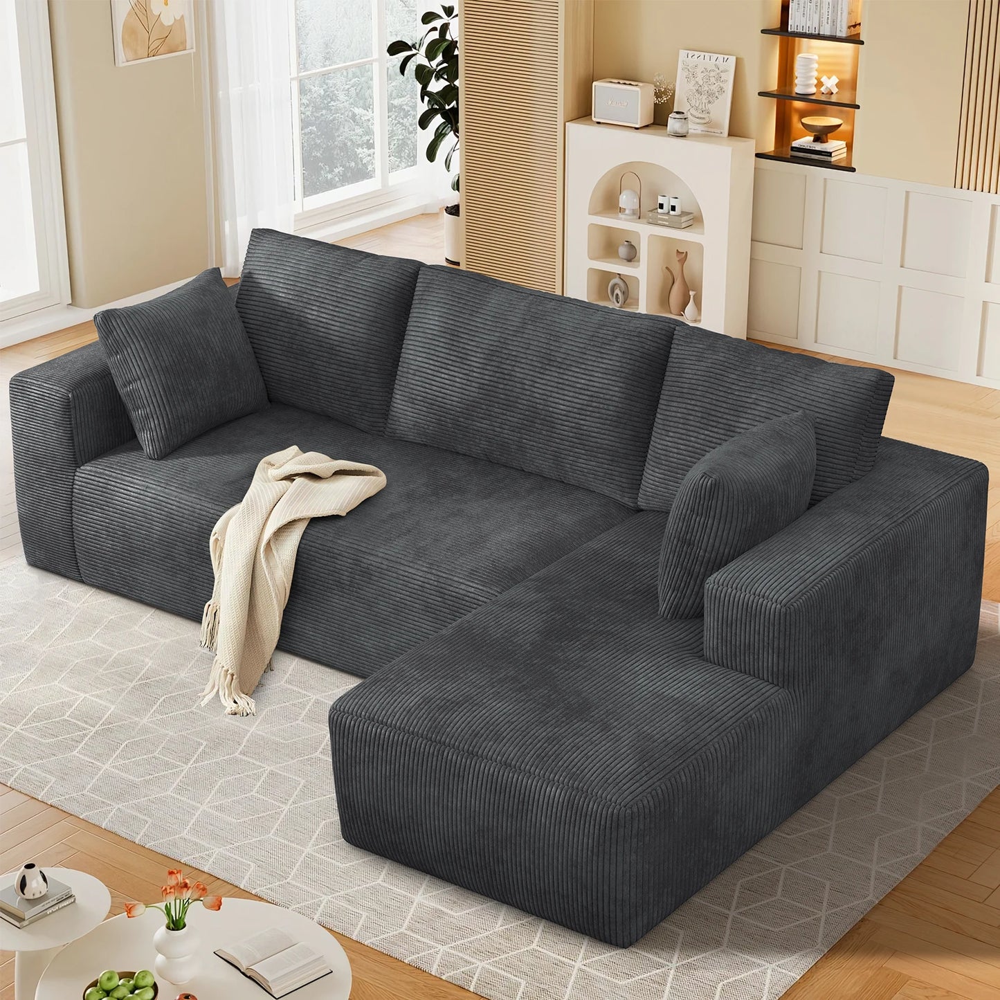 Modern Velvet Sectional Sofa with Memory Foam Cushions Vacuum Packed Living Room Set