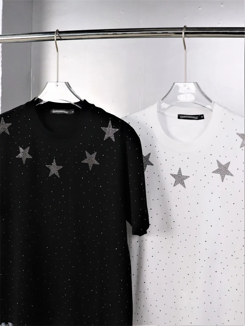 Summer Men Rhinestone Print Round Neck Cotton Clothes Short-sleeved T-shirt Plus Size Men's T-shirts