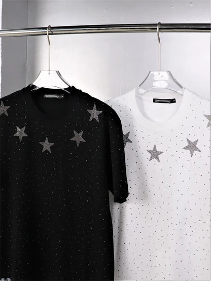 Summer Men Rhinestone Print Round Neck Cotton Clothes Short-sleeved T-shirt Plus Size Men's T-shirts