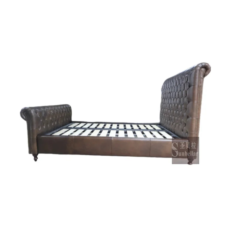 OEM ODM Antique Dark Brown Tufted Buttons Wing Back Headboard High Quality Luxury Bedroom Furniture Genuine Leather Queen Bed