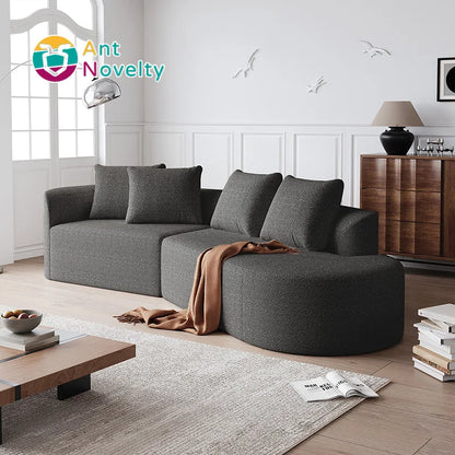 Modern Chenille Sectional Sofa Wood Legs Extra Deep Wide Seats Curved Cloud Design 4 Pillows Free Combination for Living Room