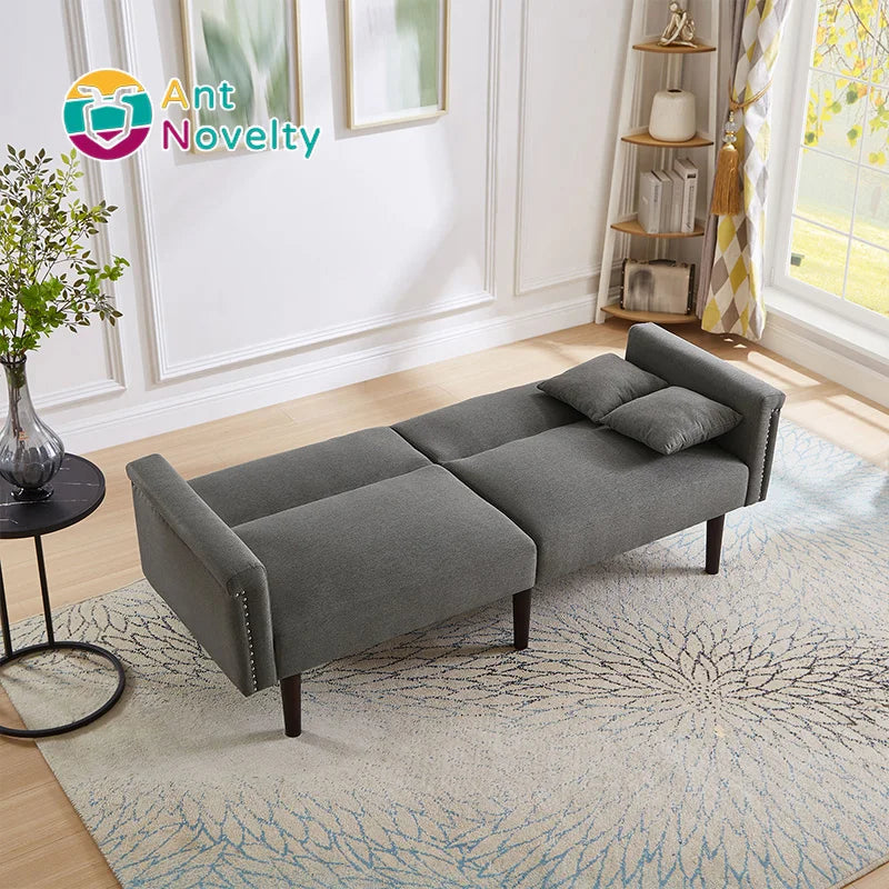 [2-in-1 Multifunctional Sofa Bed] Two-Seater Sofa Liege Function Adjustable Reclining Backrests Metal Decorations Cotton-Linen