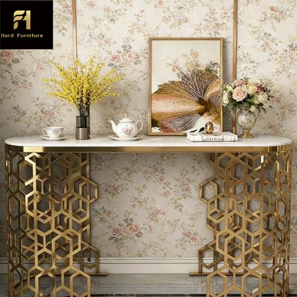 Modern White Oval Marble Console Table with Honeycomb Legs Hot Sale for Home Entryway Hallway Hotel Living Room Furniture