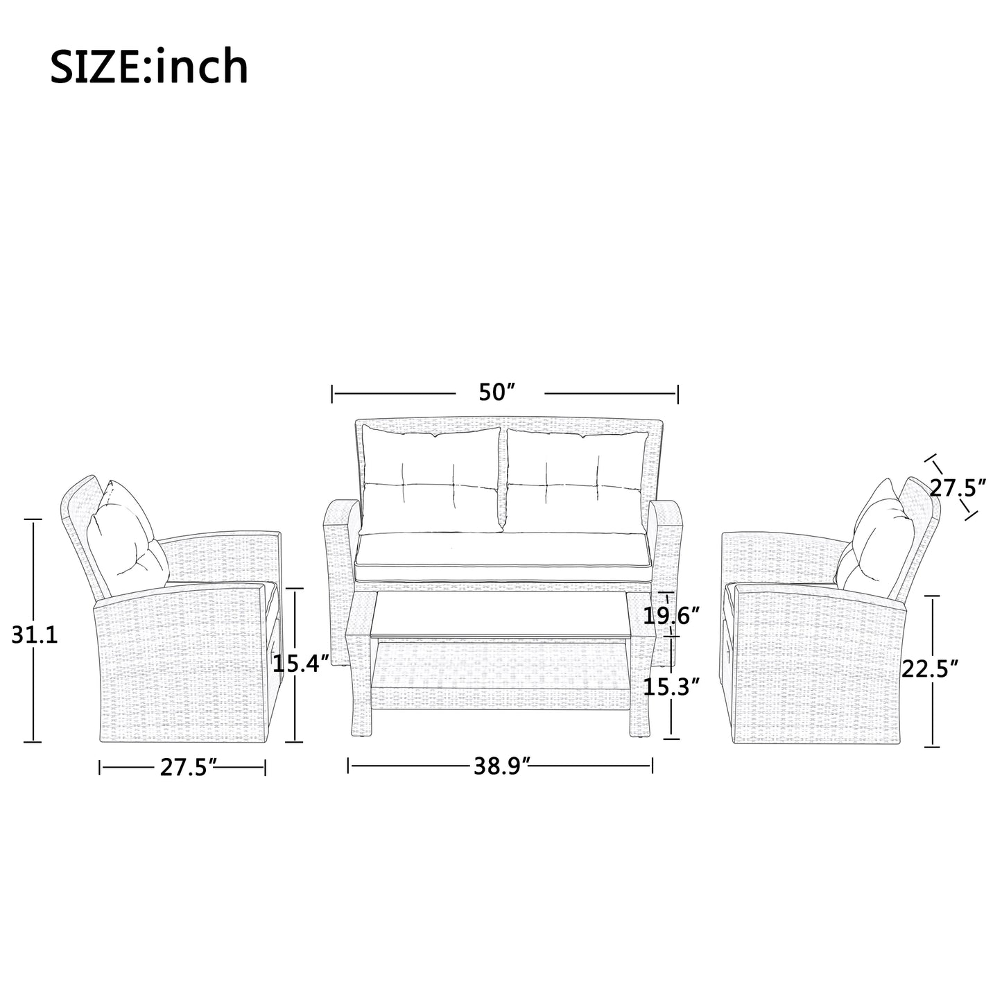 Modern U-Style 4-Piece Outdoor Rattan Sectional Sofa Set with Ottoman Cushions Durable & Lightweight All-Weather Furniture