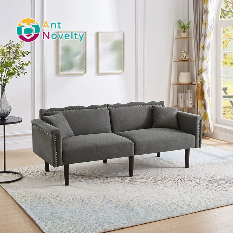[2-in-1 Multifunctional Sofa Bed] Two-Seater Sofa Liege Function Adjustable Reclining Backrests Metal Decorations Cotton-Linen