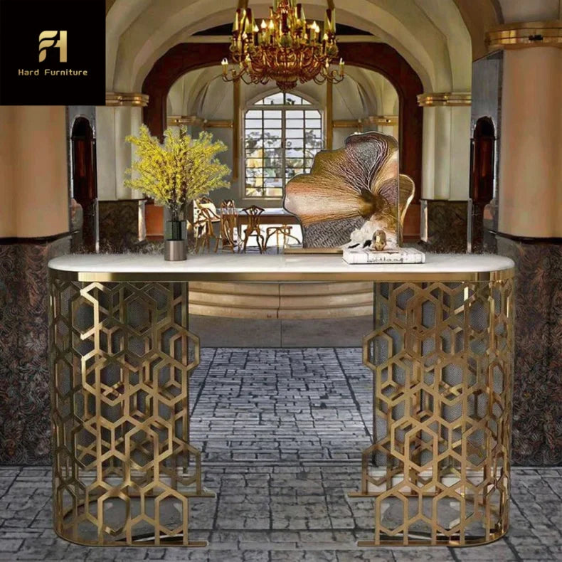 Modern White Oval Marble Console Table with Honeycomb Legs Hot Sale for Home Entryway Hallway Hotel Living Room Furniture