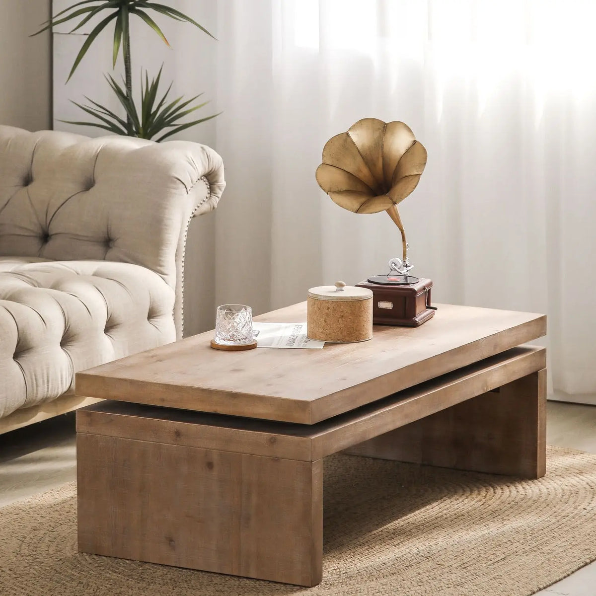 DB Natural Wood Living Room Table Versatile 2-Tiered Coffee Table with 47.6