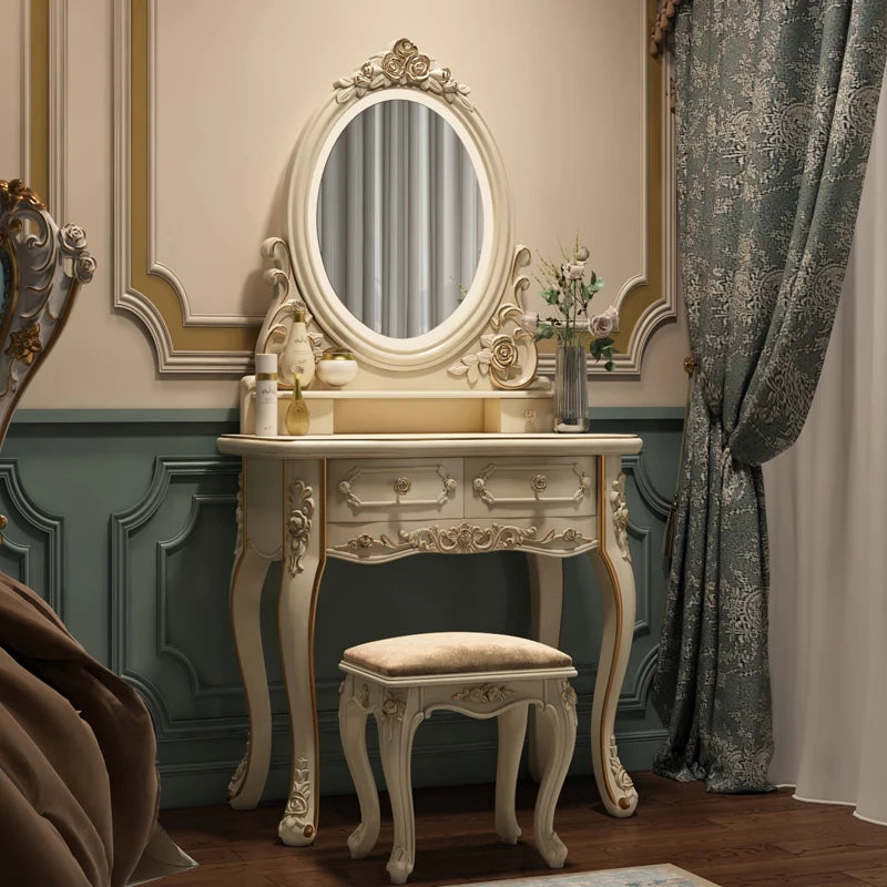 European Style Modern LED Cream White Dressing Table Girls' Makeup Table with Lighted Mirror Wood Panel Bedroom Furniture