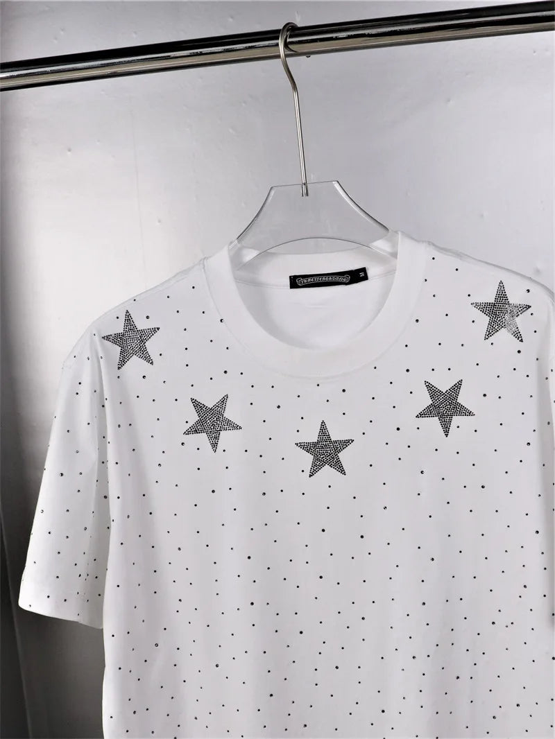 Summer Men Rhinestone Print Round Neck Cotton Clothes Short-sleeved T-shirt Plus Size Men's T-shirts