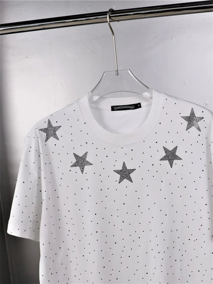 Summer Men Rhinestone Print Round Neck Cotton Clothes Short-sleeved T-shirt Plus Size Men's T-shirts